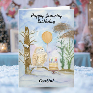Cousin Happy January Birthday Owl Cake Card