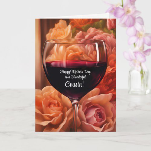 Cousin Happy Mothers Day with Wine and Flowers Card