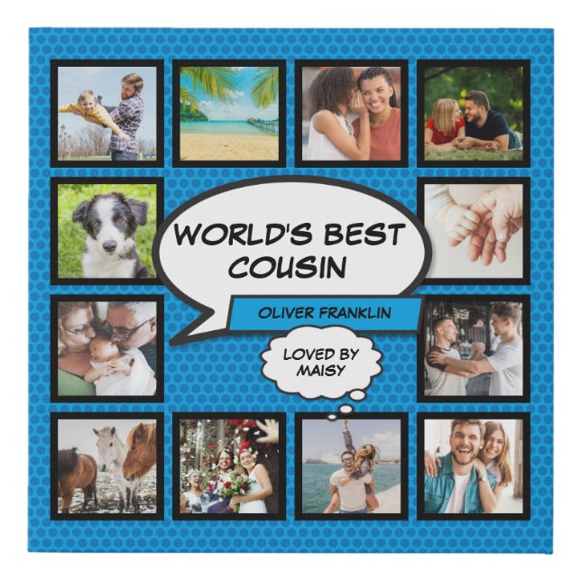 Cousin Modern Fun Cool Blue Comic Photo Collage Faux Canvas Print (Front)