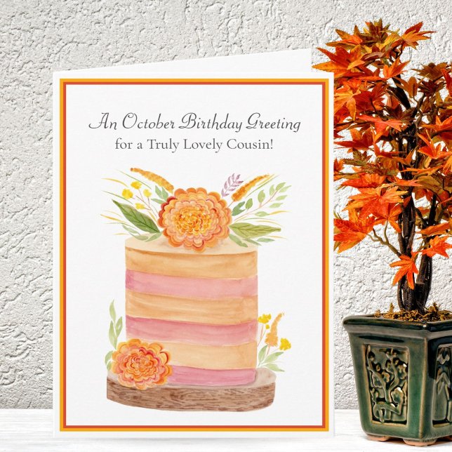 Cousin October Birthday Marigolds on Cake Card (Creator Uploaded)