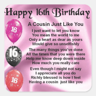 Cousin Poem 16th Birthday - Pink Square Sticker