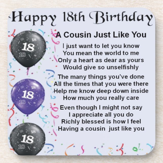 Cousin Poem 18th Birthday Drink Coaster (Front)
