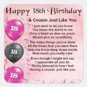 Cousin Poem 18th Birthday Pink Square Sticker