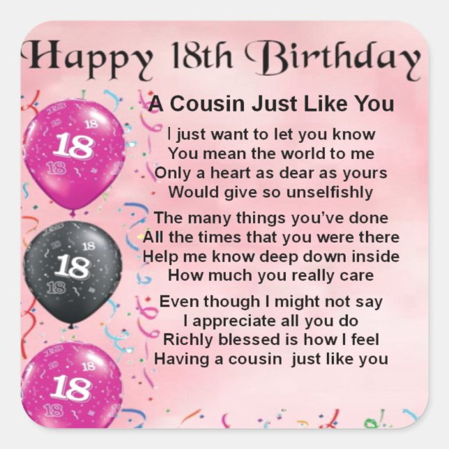 Cousin Poem 18th Birthday Pink Square Sticker (Front)