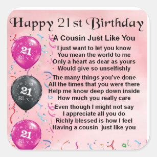 Cousin Poem - Pink- 21st birthday Square Sticker