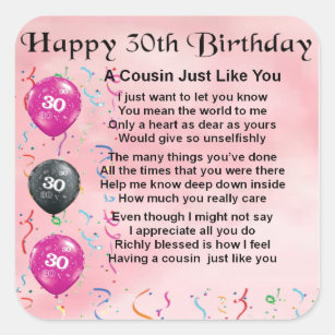Cousin Poem - Pink - 30th Birthday Square Sticker