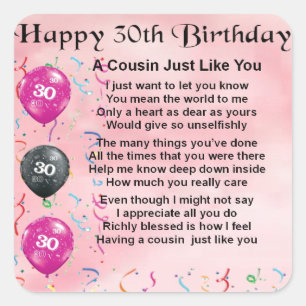 Cousin Poem - Pink - 30th Birthday Square Sticker