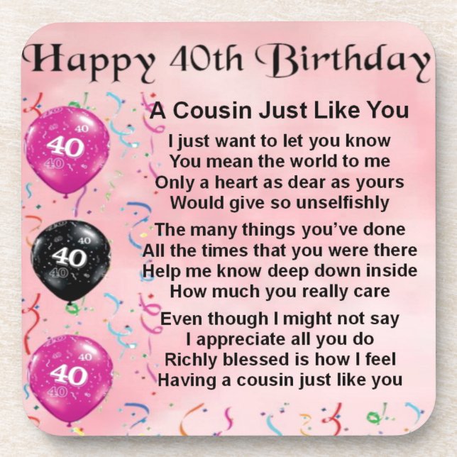 Cousin poem - pink - 40th birthday coaster (Front)