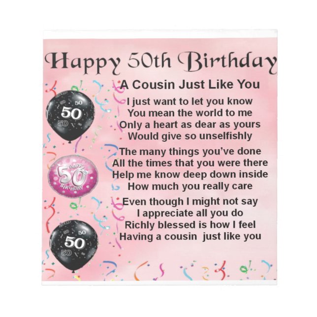 Cousin Poem - Pink- 50th Birthday Notepad (Front)