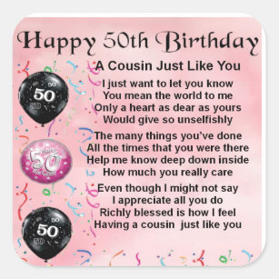 Cousin Poem - Pink- 50th Birthday Square Sticker