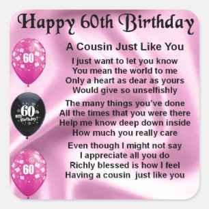 Cousin Poem - Pink- 60th Birthday Square Sticker