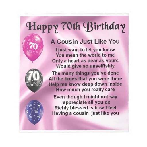 Cousin Poem - Pink- 70th Birthday Memo Pads | Zazzle