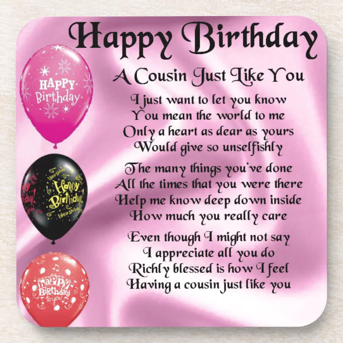 Birthday Poem For Cousin Cousin Poem - Pink - Happy Birthday Drink Coaster | Zazzle.com