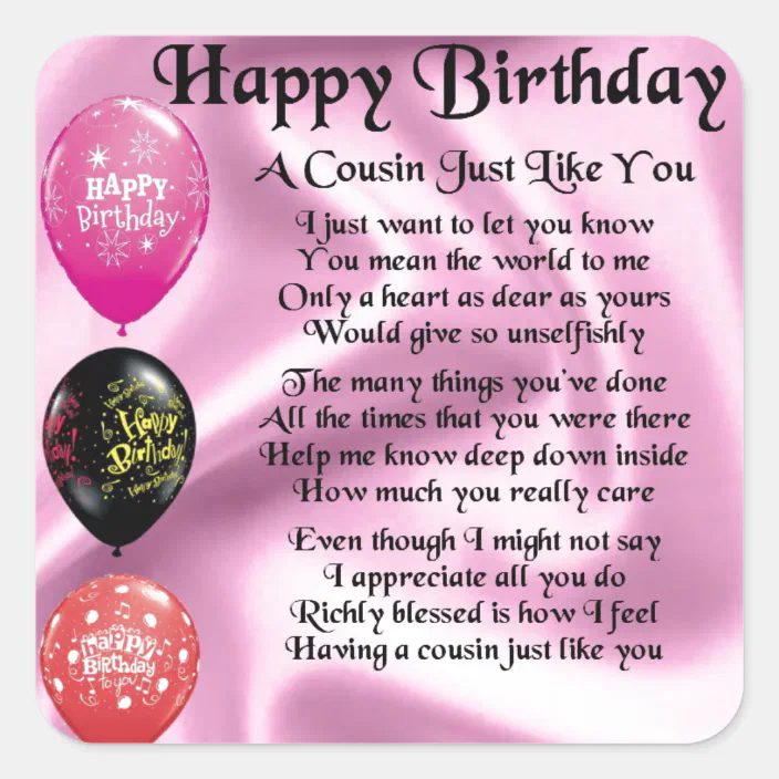 Birthday Poem For Cousin Cousin Poem - Pink - Happy Birthday Square Sticker | Zazzle.com