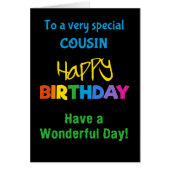 Cousin Rainbow Colours on Black Birthday Card (Front)
