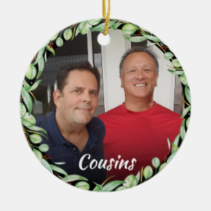 Cousins Own Photo Greenery Christmas Ceramic Ornament