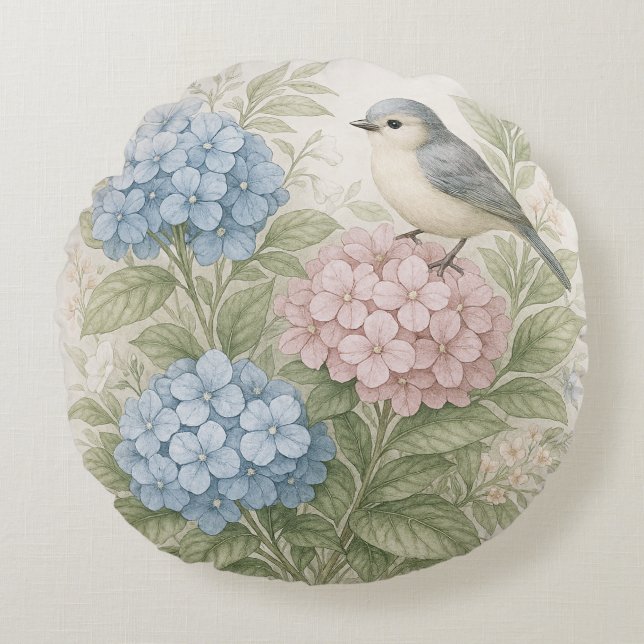 coussin botanique boho hydrangea round pillow (Front)