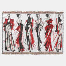 Couture Fashion Sketches Red Black Art Throw Blank