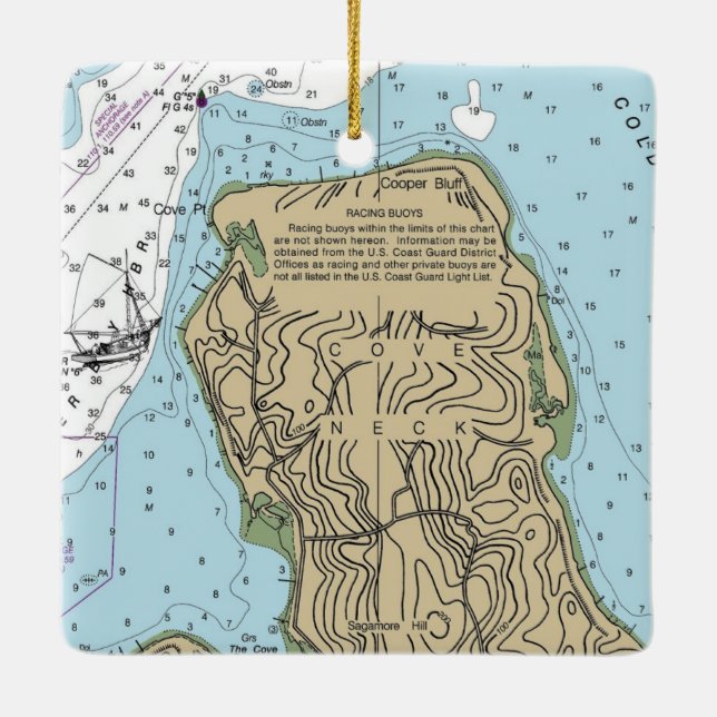 Cove Neck New York Nautical Chart Christmas Ceramic Ornament (Back)
