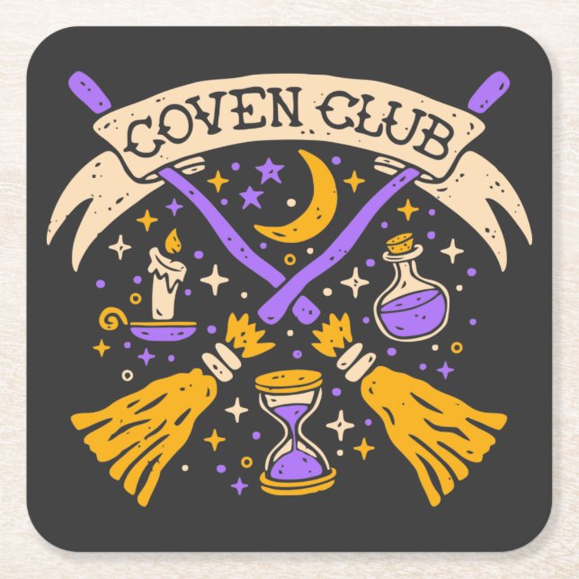 Coven Club Halloween Witch Night Sky Square Paper Coaster (Front)