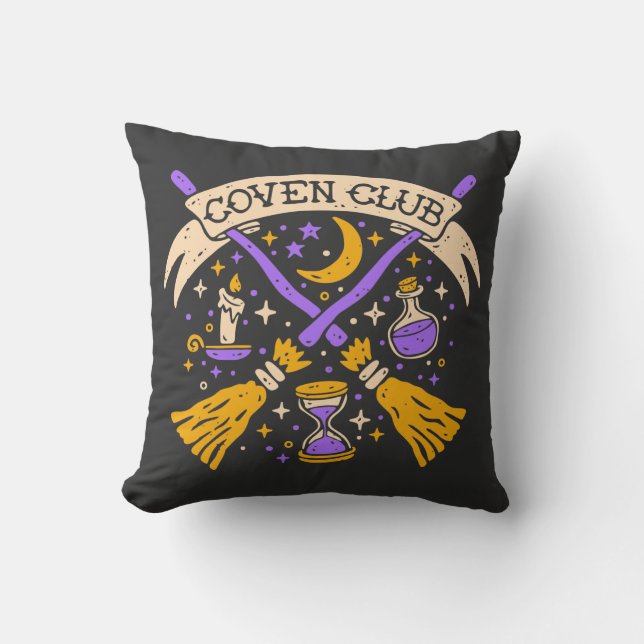 Coven Club Halloween Witch Night Sky Throw Pillow (Front)