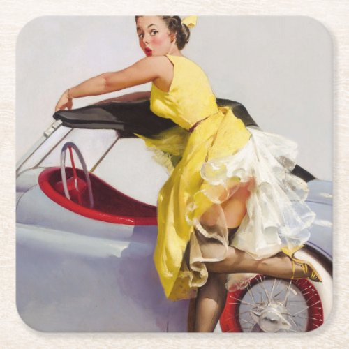 Cover up retro pinup girl square paper coaster