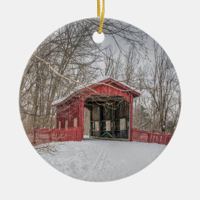 Covered Bridge Red Snow Photo Ceramic Ornament (Front)
