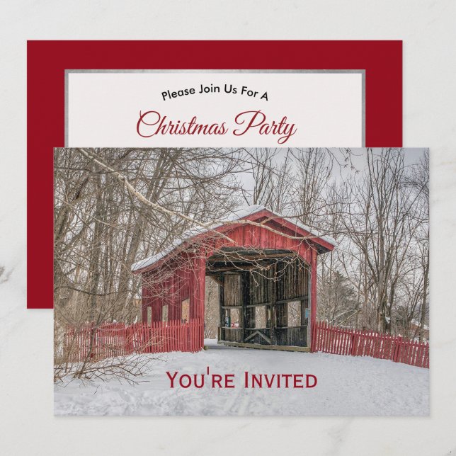 Covered Bridge Red Snow Photo Christmas Invitation (Front/Back)