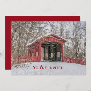 Covered Bridge Red Snow Photo Christmas Invitation