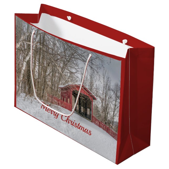 Covered Bridge Red Snow Photo Christmas Large Gift Bag (Front Angled)