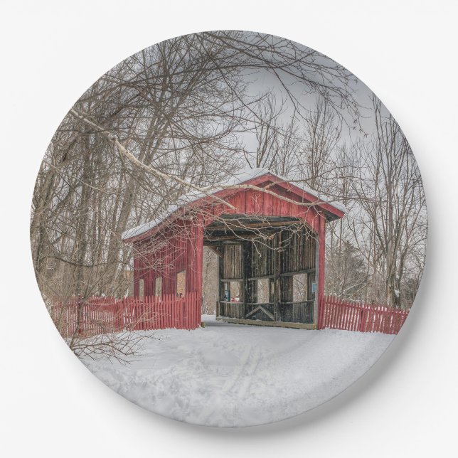 Covered Bridge Red Snow Photo Paper Plates (Front)