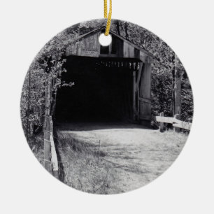 Covered Bridge & River Circle Ceramic Ornament