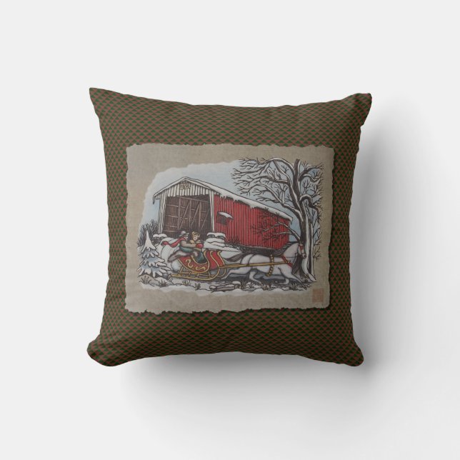 Covered Bridge & Sleigh Throw Pillow (Front)