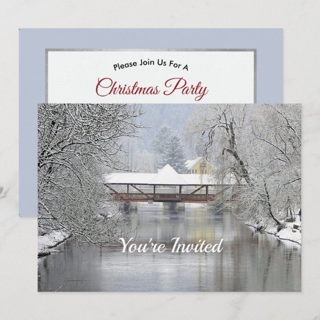 Covered Bridge Snow Photo Christmas Invitation (Front/Back)