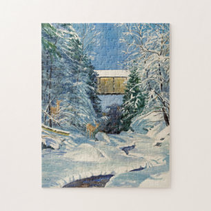 Covered Bridge with Snow and Deer at Stream Jigsaw Puzzle