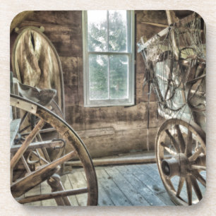 Covered wagon, wooden wagon wheel drink coaster