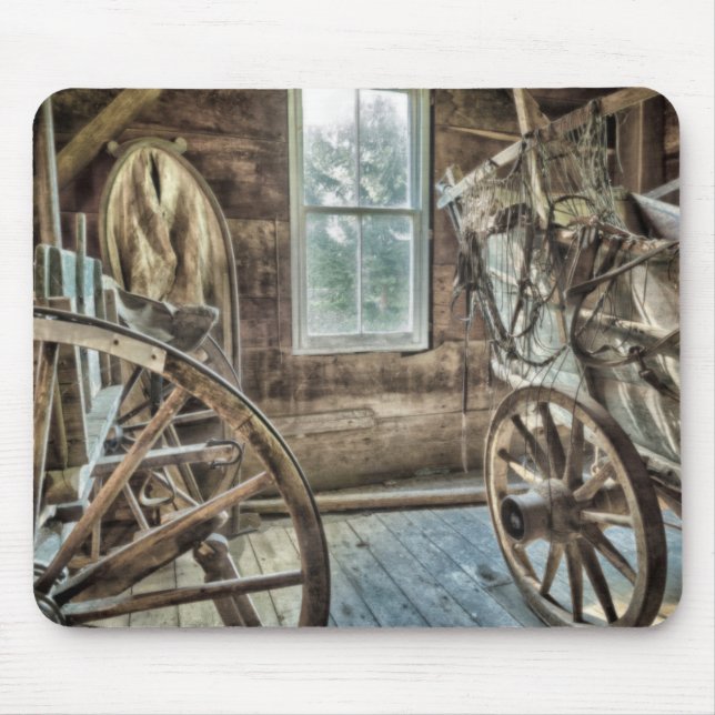 Covered wagon, wooden wagon wheel mouse pad (Front)
