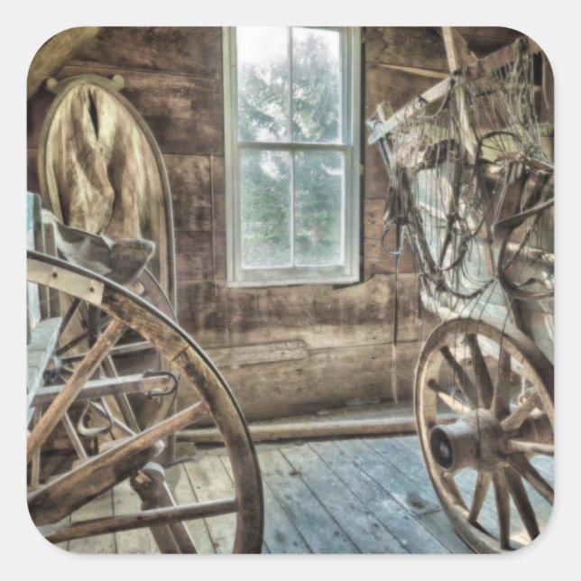 Covered wagon, wooden wagon wheel square sticker (Front)