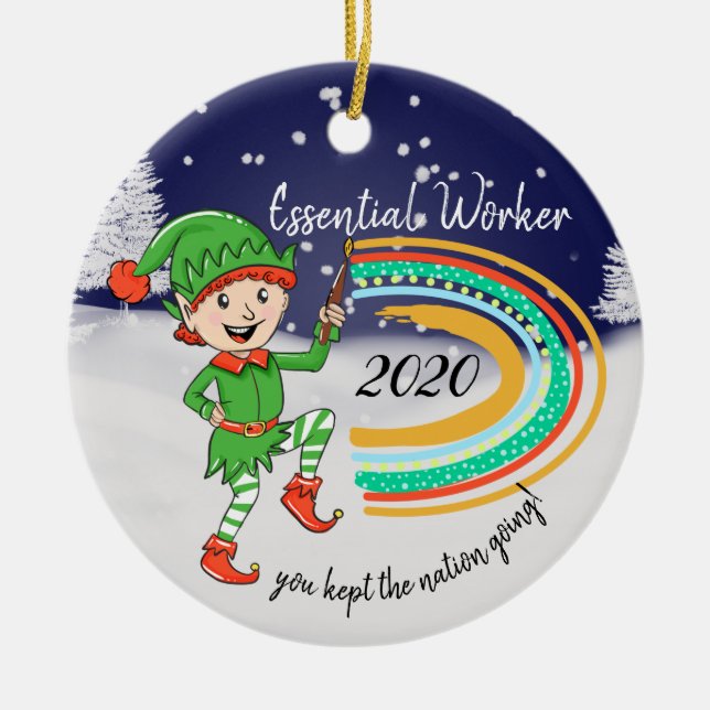 covid19 essential worker thank you elf rainbow ceramic ornament (Front)