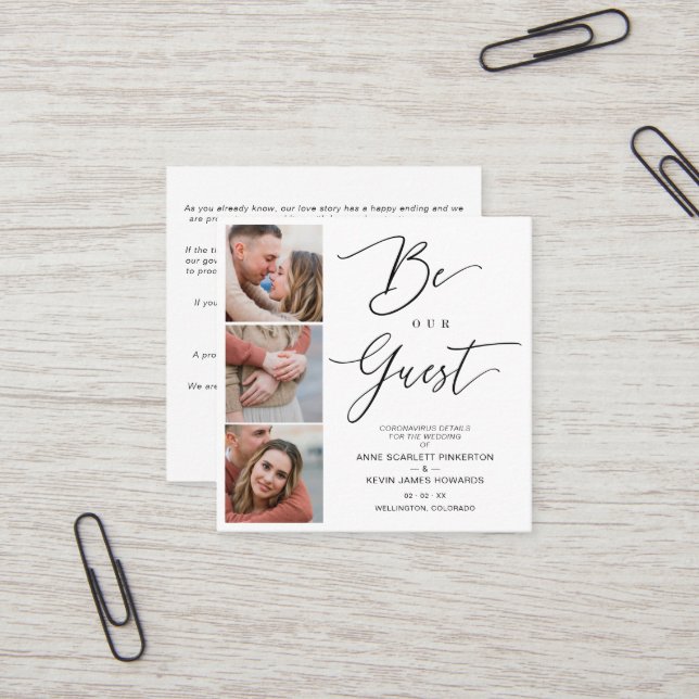 Covid19 Trendy Be our Guest Chic Romantic 3 Photos Square Business Card (Front/Back In Situ)
