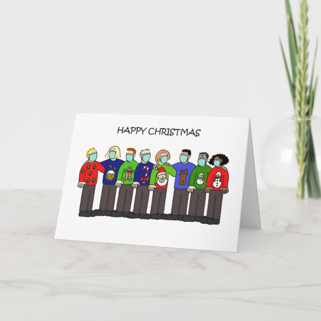Covid 19 Christmas Group in Face Masks Holiday Card (Front)