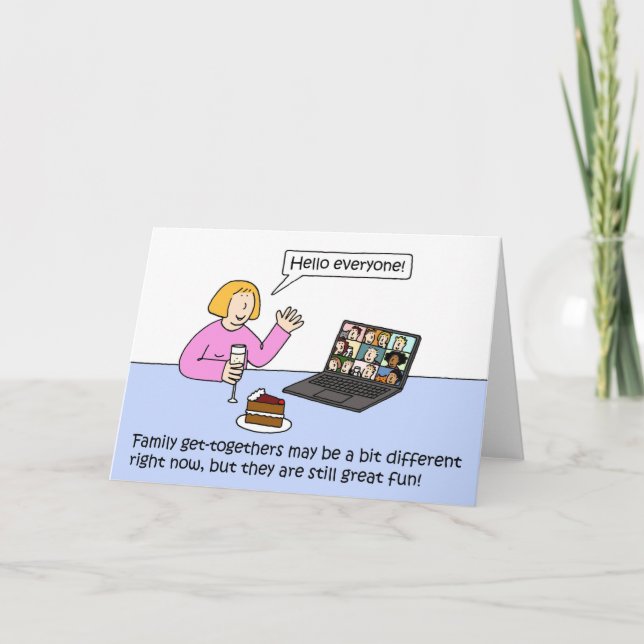 Covid 19 Family Online Gathering Cartoon Card (Front)