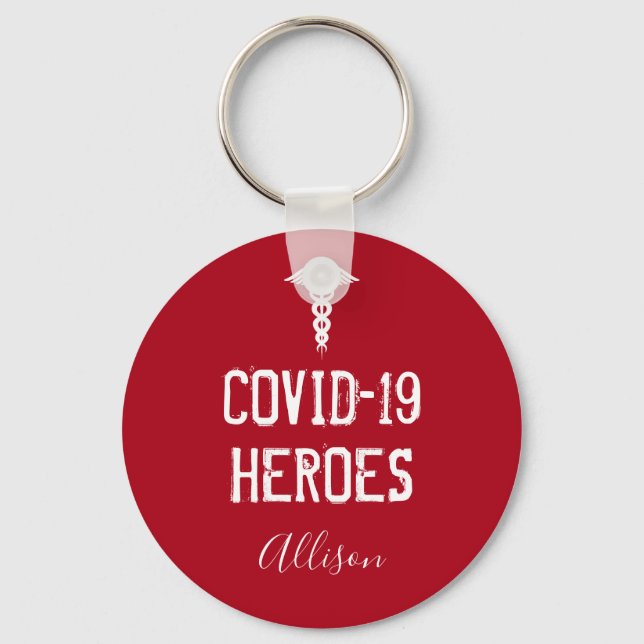 Covid 19 Heroes Red White Caduceus Personalized Keychain (Front)