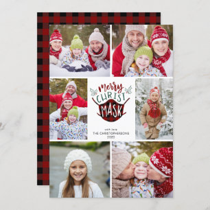 COVID-19 MERRY ChristMASK Buffalo Plaid 6 Photo Holiday Card