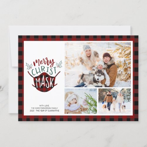 COVID_19 MERRY ChristMASK Buffalo Plaid Red Photo Holiday Card