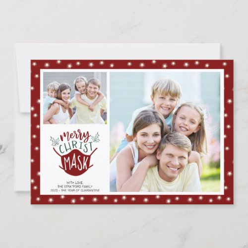 COVID_19 MERRY ChristMASK Fairy Lights 2 Photo Red Holiday Card