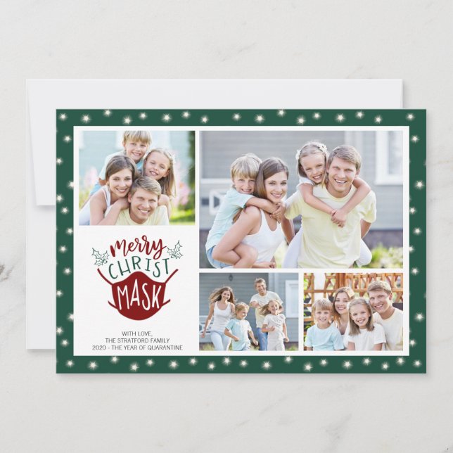 COVID-19 MERRY ChristMASK Fairy Lights 4 Photo Holiday Card (Front)