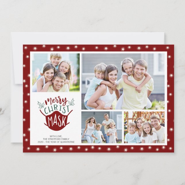 COVID-19 MERRY ChristMASK Fairy Lights 4 Photo Red Holiday Card (Front)