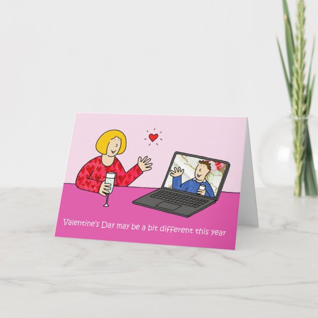 Covid 19 Online Dating Cartoon Valentine Couple Card (Front)