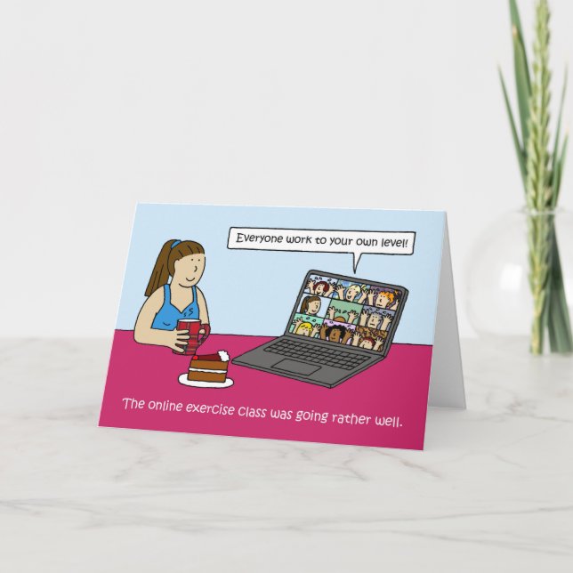 Covid 19 Online Exercise Class Cartoon Humor Card (Front)